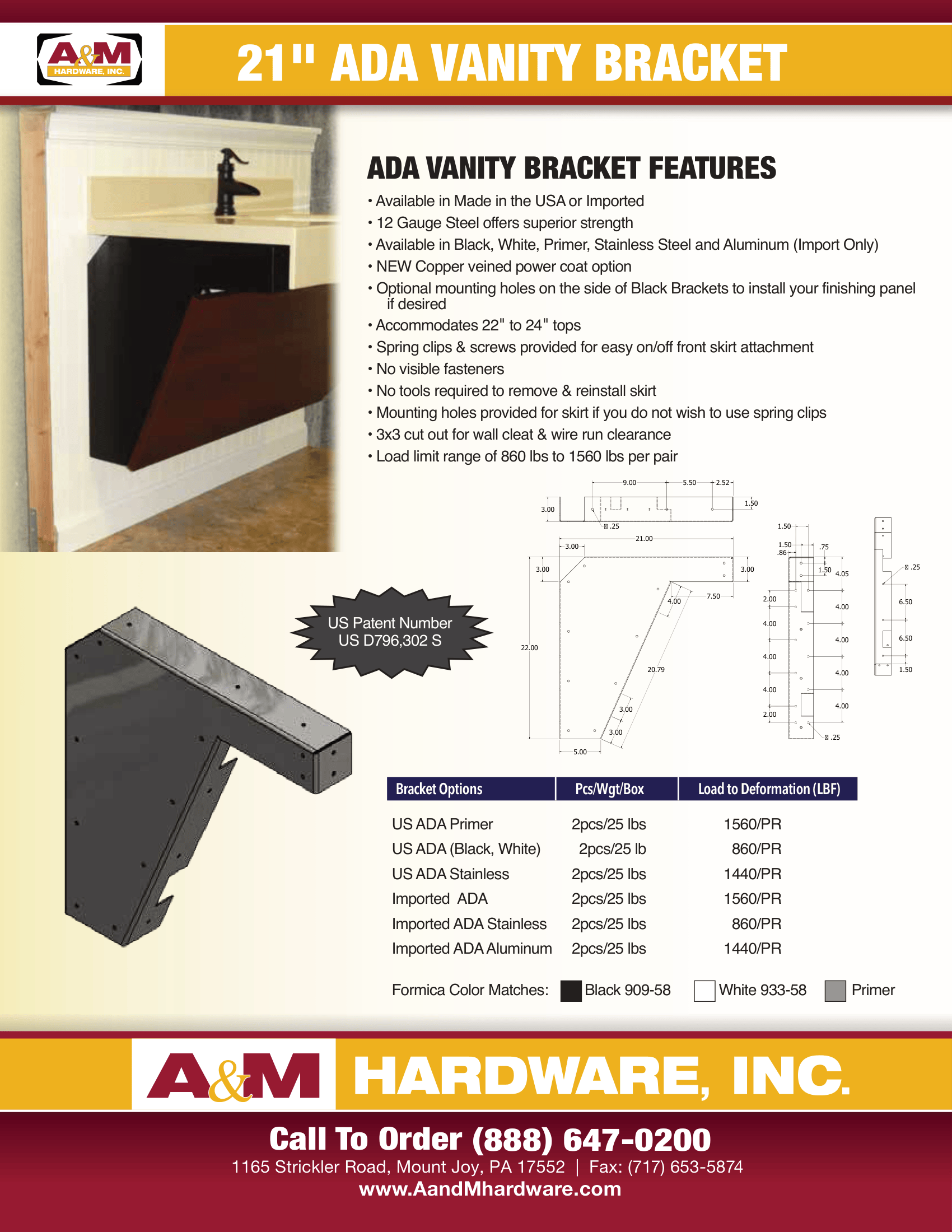 Surface mounted flat support bracket